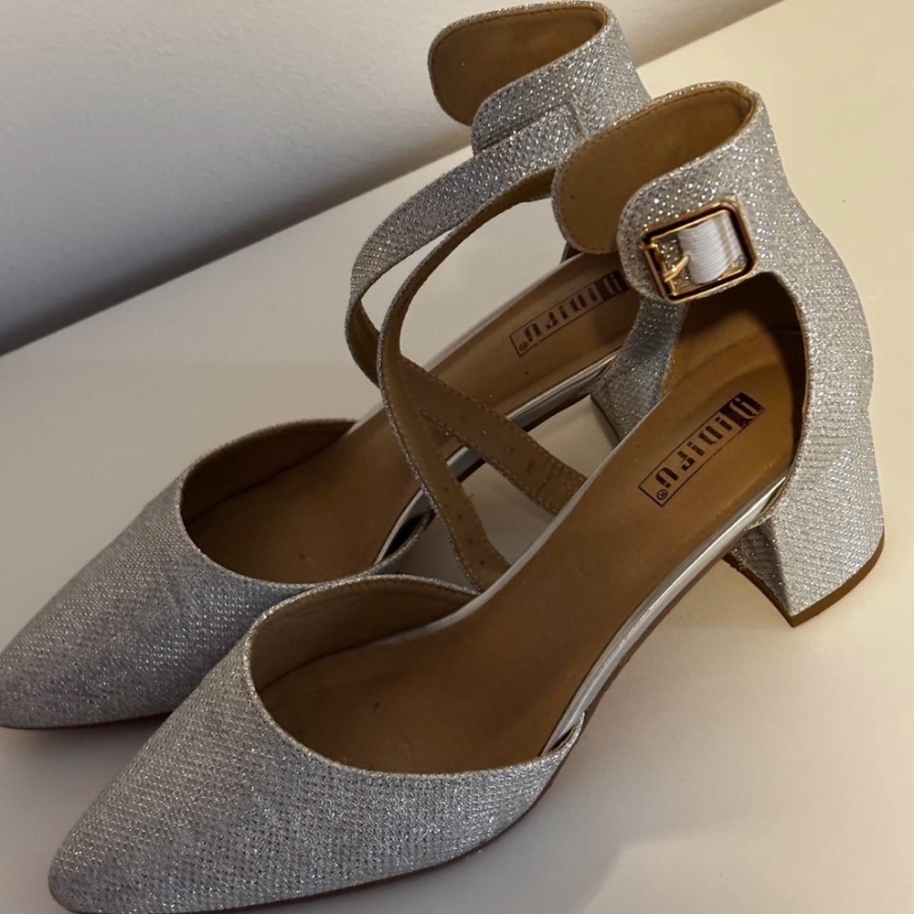 Amazon Silver Chunky Heels with Cross-Strap